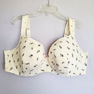 Cacique 44DD Bra Tshirt Everyday Molded Cup Underwire Black Floral/Beige Stretch